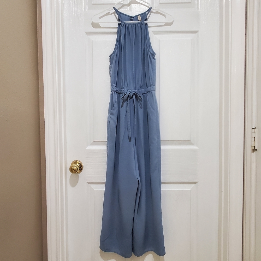 Kingston Gray Light Blue Keyhole Neckline Cropped Sleeveless Jumpsuit